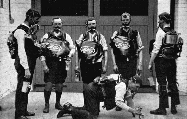 By permission of The Mining Engineering Co., Sheffield
A Miners' Rescue Team
These men are equipped with breathing apparatus which enables them to pass safely through the deadly fumes after an
explosion, to rescue their unfortunate comrades
