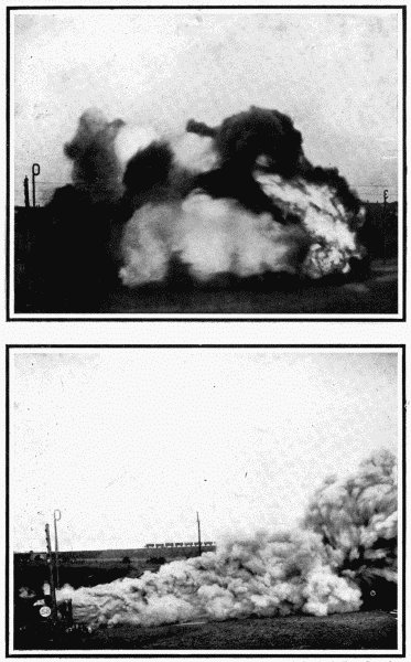 By permission of W. E. Garforth, Esq., Pontefract
An Artificial Coal Mine
These two photographs show the clouds of flame and smoke issuing from the mouth
of the "Artificial Coal Mine" during the experiments described in the text