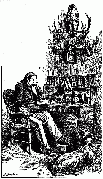 Custer sitting at a desk with his chin on his hand and a dog at his feet