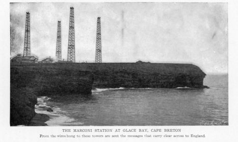 THE MARCONI STATION AT GLACÉ BAY, CAPE BRETON
From the wires hung to these towers are sent the messages that carry clear across to England.