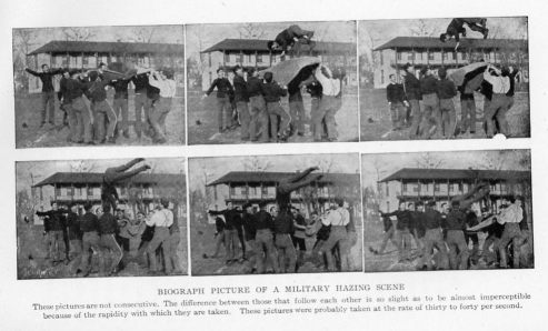 BIOGRAPH PICTURE OF A MILITARY HAZING SCENE
These pictures are not consecutive. The difference between those that follow each other is so slight as to be almost imperceptible because of the rapidity with which they are taken. These pictures were probably taken at the rate of thirty to forty per second.