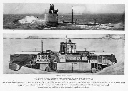 LAKE'S SUBMARINE TORPEDO-BOAT <i>PROTECTOR</i>
This boat is designed to travel on the surface, or fully submerged, or on the ocean's bottom. She is provided with wheels that support her when on the bottom, and with a divers' compartment from which divers can work on submarine cables or the enemies' explosive mines.