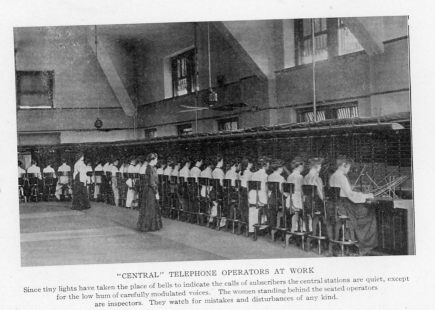 "CENTRAL" TELEPHONE OPERATORS AT WORK
Since tiny lights have taken the place of bells to indicate the calls of subscribers the central stations are quiet except for the low hum of carefully modulated voices. The women standing behind the seated operators are inspectors. They watch for mistakes and disturbances of any kind.