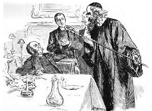 Man in robes and skullcap standing, looking at crozier in front of a man seated at a table and another man standing