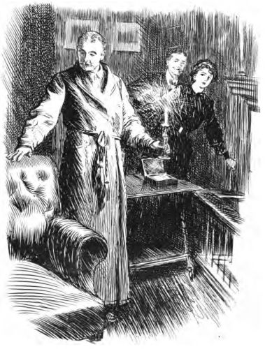 Man in robe carrying a candle being watched by a man and a woman