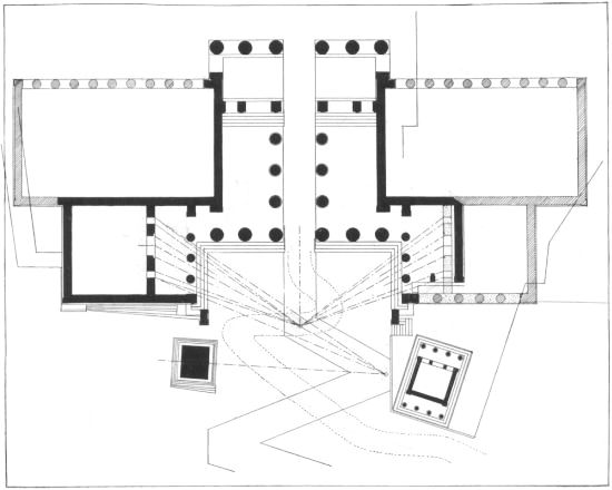 Figure 4

Plan of the Propylaea showing the zigzag road, the conjectured road (in
dotted lines), and the original form of the S.W. wing