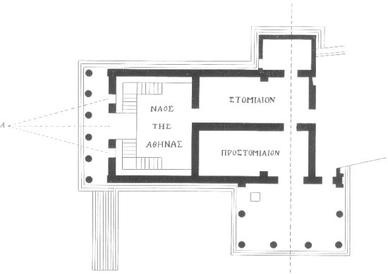 Figure 7
Plan of Erechtheum showing new interior arrangement. Dotted lines from A
show simultaneous visibility of windows from the axis of the door