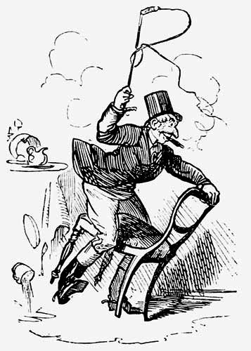 Cartoon-like
drawing on a man, wearing fox hunting attire, straddling a chair and
holding a whip.