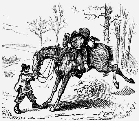 A person on a
bucking horse, with someone holding the horse's reins.