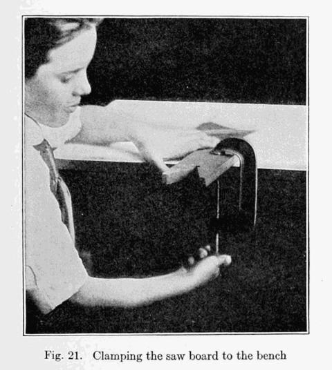 Fig. 21. Clamping the saw board to the bench