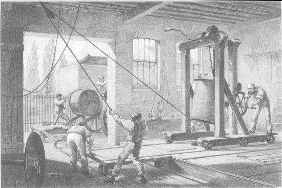 F. Jones, lith from a drawing by R. Dudley

London, Day & Sons, Limited, Lith.

THE REELS OF GUTTA PERCHA COVERED CONDUCTING WIRE CONVEYED INTO TANKS AT
THE WORKS AT GREENWICH.