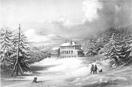 R.M. Bryson, lith from a drawing by R. Dudley

London, Day & Sons, Limited, Lith.
TRINITY BAY, NEWFOUNDLAND. EXTERIOR VIEW OF TELEGRAPH HOUSE IN
1857-1858.