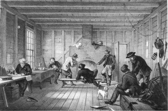 G. McCulloch, lith from a drawing by R. Dudley

London, Day & Sons, Limited, Lith.

TELEGRAPH HOUSE TRINITY BAY, NEWFOUNDLAND. INTERIOR OF MESS ROOM
1858