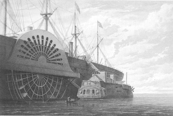 T. Picken, lith from a drawing by R. Dudley

London, Day & Sons, Limited, Lith.

THE OLD FRIGATE WITH HER FREIGHT OF CABLE ALONGSIDE THE GREAT EASTERN
AT SHEERNESS.