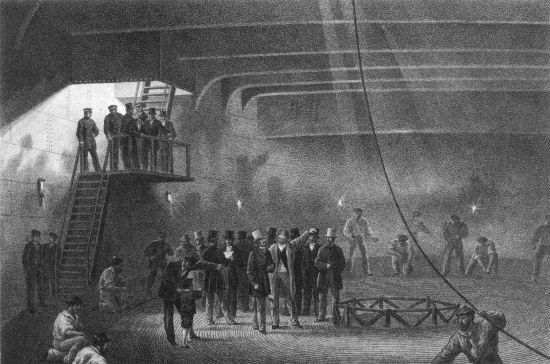 T. Picken, lith from a drawing by R. Dudley London, Day &
Sons, Limited, Lith.

COILING THE CABLE IN THE AFTER TANK ON BOARD THE GREAT EASTERN AT
SHEERNESS. VISIT OF H.R.H. THE PRINCE OF WALES ON MAY 24th.