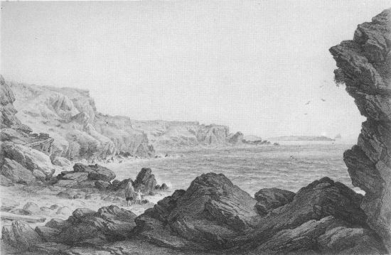 T. Picken, lith from a drawing by R. Dudley

London, Day & Sons, Limited, Lith.

FOILHUMMERUM BAY, VALENCIA, LOOKING SEAWARDS FROM THE POINT AT WHICH THE
CABLE REACHES THE SHORE.