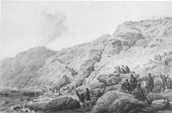 T. Picken, lith from a drawing by R. Dudley London, Day &
Sons, Limited, Lith.

THE CLIFFS FOILHUMMERUM BAY, POINT OF THE LANDING OF THE SHORE END OF
CABLE JULY 22ND.