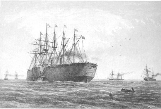 T. Picken, lith from a drawing by R. Dudley

THE GREAT EASTERN UNDER WEIGH JULY 23rd. (ESCORT AND OTHER SHIPS
INTRODUCED BEING THE TERRIBLE, THE SPHINX, THE HAWK & THE CAROLINE)