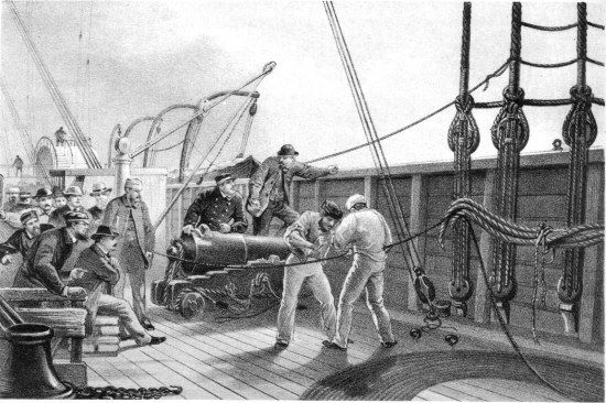 From a drawing by R. Dudley London. D.T & Sou. Limited.
Lilh.

SPLICING THE CABLE (AFTER THE FIRST ACCIDENT) ON BOARD THE GREAT EASTERN
JULY 25TH.