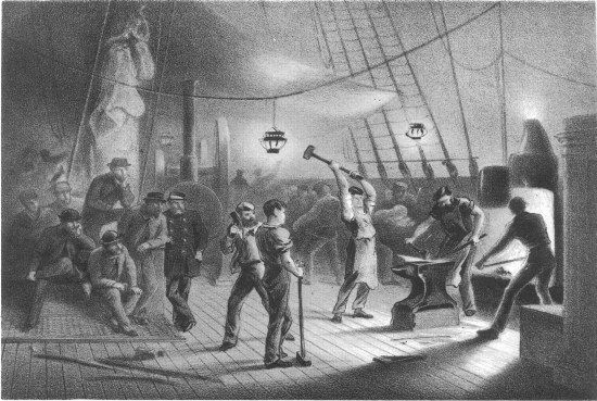 G. McCulloch, lith from a drawing by R. Dudley London,
Day & Sons, Limited, Lith.

THE FORGE ON DECK. NIGHT OF AUGUST 9TH PREPARING THE IRON PLATING FOR
CAPSTAN.