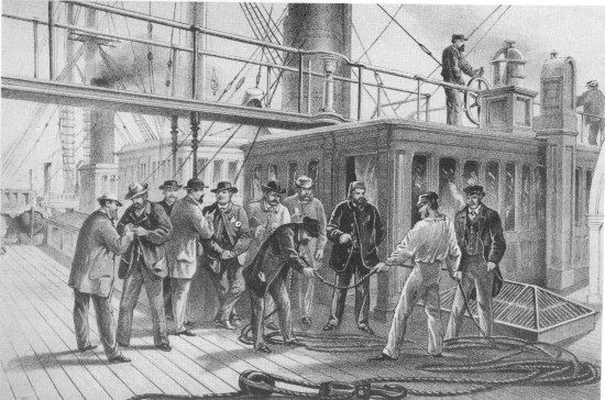 From a drawing by R. Dudley

London, Day & Sons, Limited, Lith.

SEARCHING FOR FAULT AFTER RECOVERY OF THE CABLE FROM THE BED OF THE
ATLANTIC. JULY 31st.