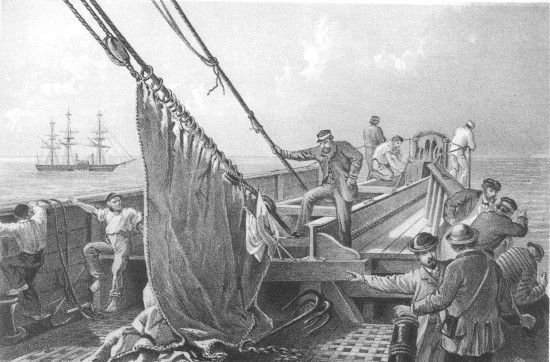 From a drawing by R. Dudley

London, Day & Sons, Limited, Lith.

IN THE BOWS AUGUST 2nd. THE CABLE BROKEN AND LOST PREPARING TO GRAPPLE.