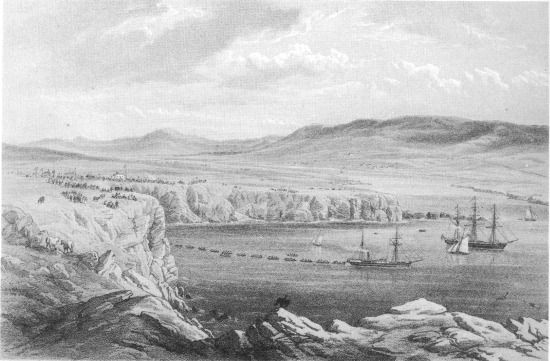 from a drawing by R. Dudley

London, Day & Sons, Limited, Lith.

GENERAL VIEW OF PORT MAGEE &c. FROM THE HEIGHTS BELOW CORA BEG. THE
CAROLINE LAYING THE SHORE END OF THE CABLE JULY 22nd.
