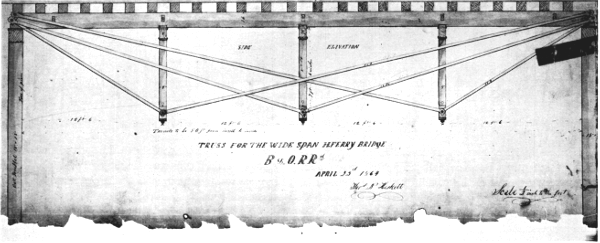 Figure 4.—Simple beam of 50-foot span with three
independent trussing systems. Bollman’s use of this method of support
led to the development of his bridge truss. This drawing is of a
temporary span used after the timber bridge at Harpers Ferry was
destroyed during the Civil War. (In Baltimore and Ohio Collection,
 Museum of History and Technology.)