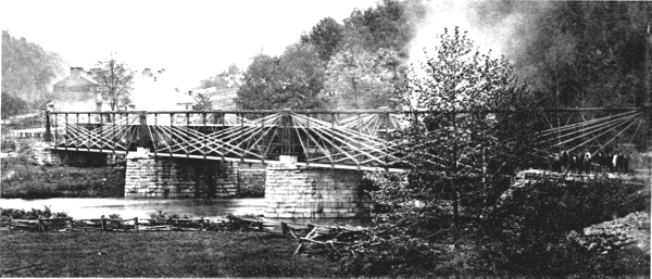 Figure 9.—Bollman skew bridge at Elysville (now
Daniels), Maryland, built in 1853-1854. (Photo courtesy of Maryland
Historical Society.)