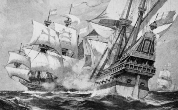 painting two sailing ships in a sea fight