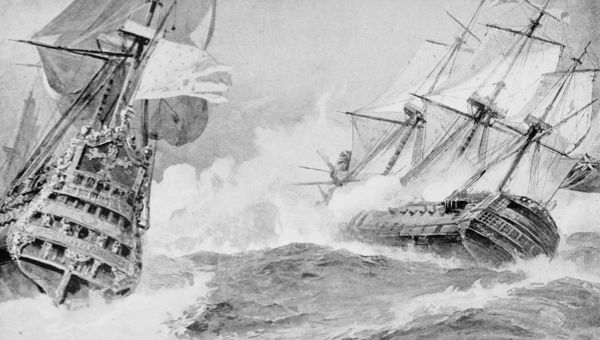 painting two large sailing ships battling