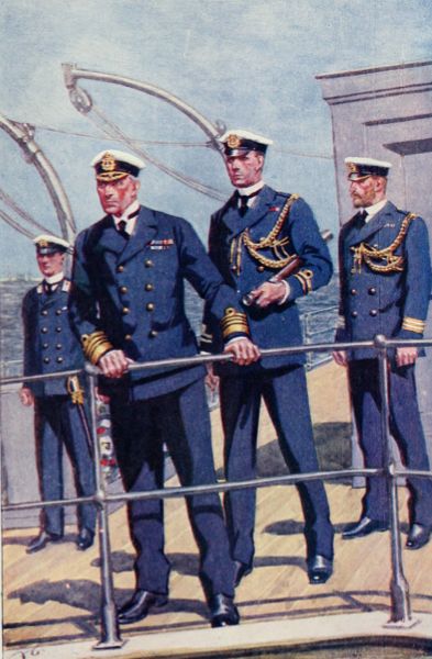 colour painting of sailors in uniform on deck