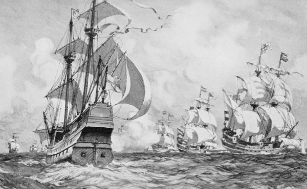 painting sea fight with many ships