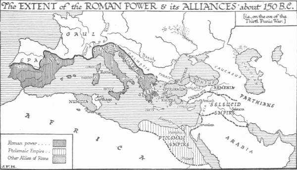 Map: The Extent of the Roman Power & its Alliances about
 150 <small>B.C.</small>