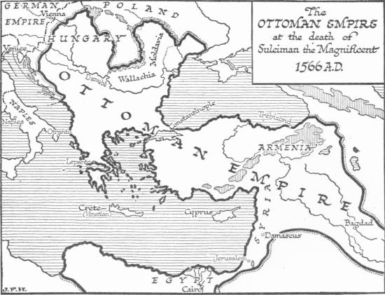 Map: The Ottoman Empire at the death of Suleiman the
 Magnificent, 1566 <small>A.D.</small>