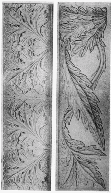 XIV.—Two designs
for Carving, by Philip Webb.
One executed, one in drawing.