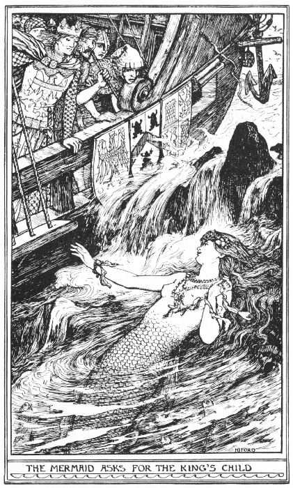 The king's ship is grounded on a rock; a mermaid is nearby