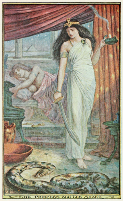 The princess, holding a sword, stands over the sleeping snake