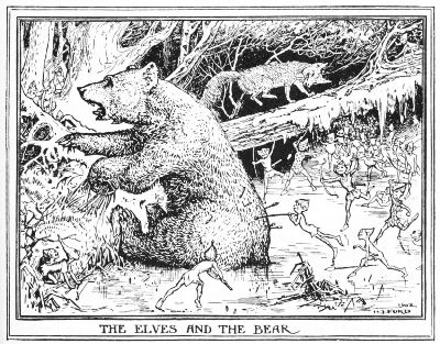 The elves attack the bear after the fox tricks them